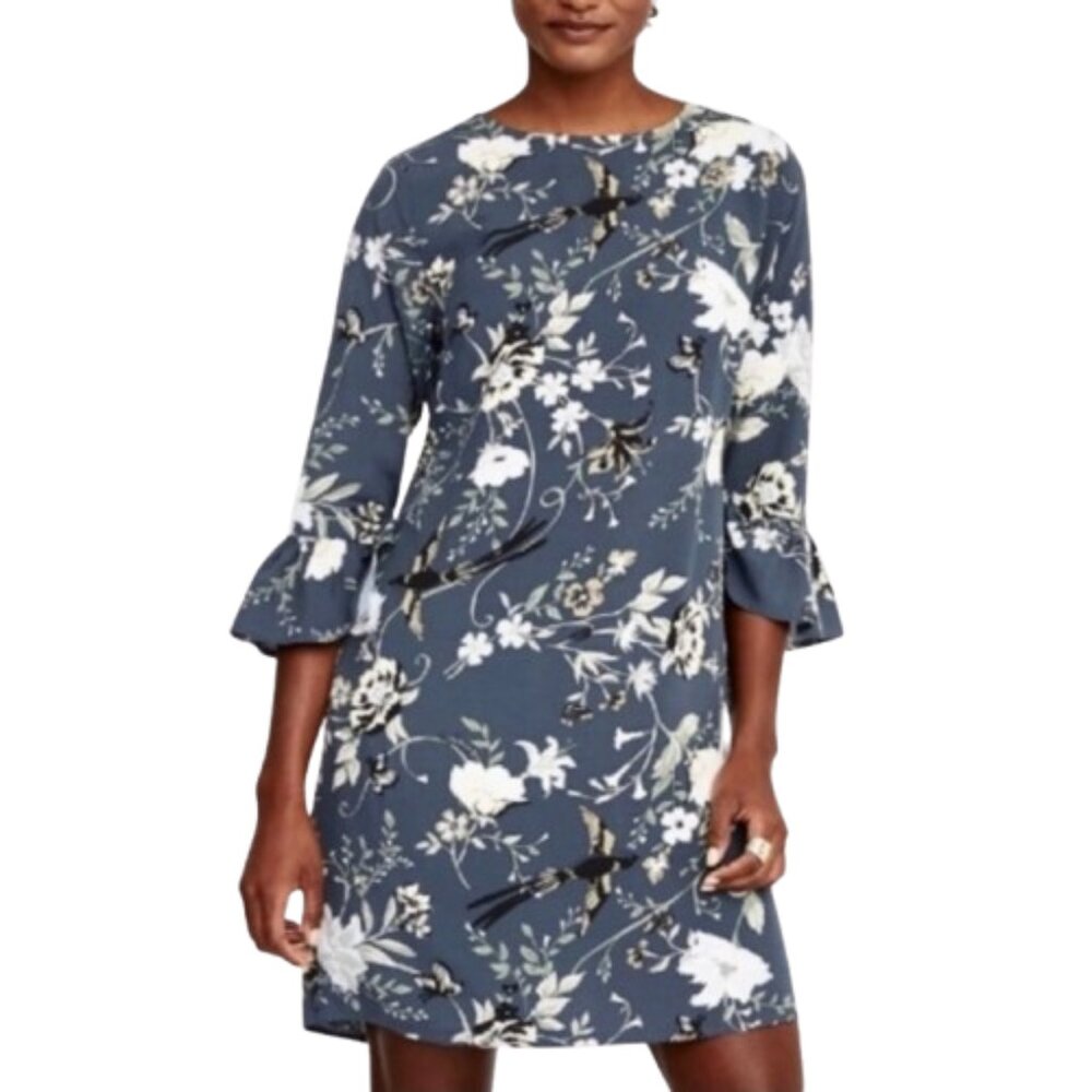 Old Navy Petite Bluish-Gray Floral Shift Dress 820890 3/4 Bell Sleeves